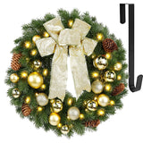 Hausse Lighted Christmas Wreath with Metal Hanger, Pre-lit Xmas Wreath with Large Golden Bow & Balls, 8 Modes & Timer, Battery Operated with 40 Lights, for Front Door Gate Wall Xmas Party Decorations Hausse