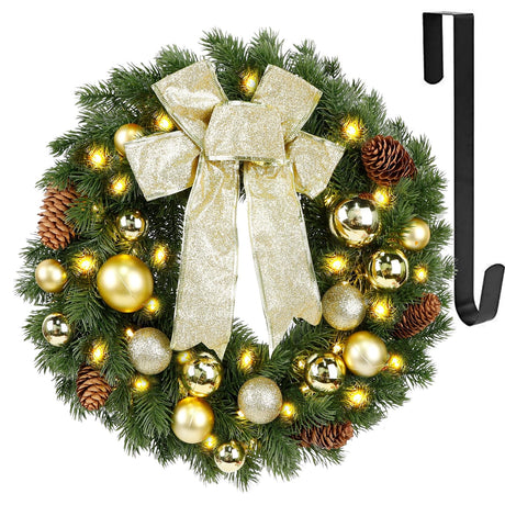 Hausse Lighted Christmas Wreath with Metal Hanger, Pre-lit Xmas Wreath with Large Golden Bow & Balls, 8 Modes & Timer, Battery Operated with 40 Lights, for Front Door Gate Wall Xmas Party Decorations Hausse