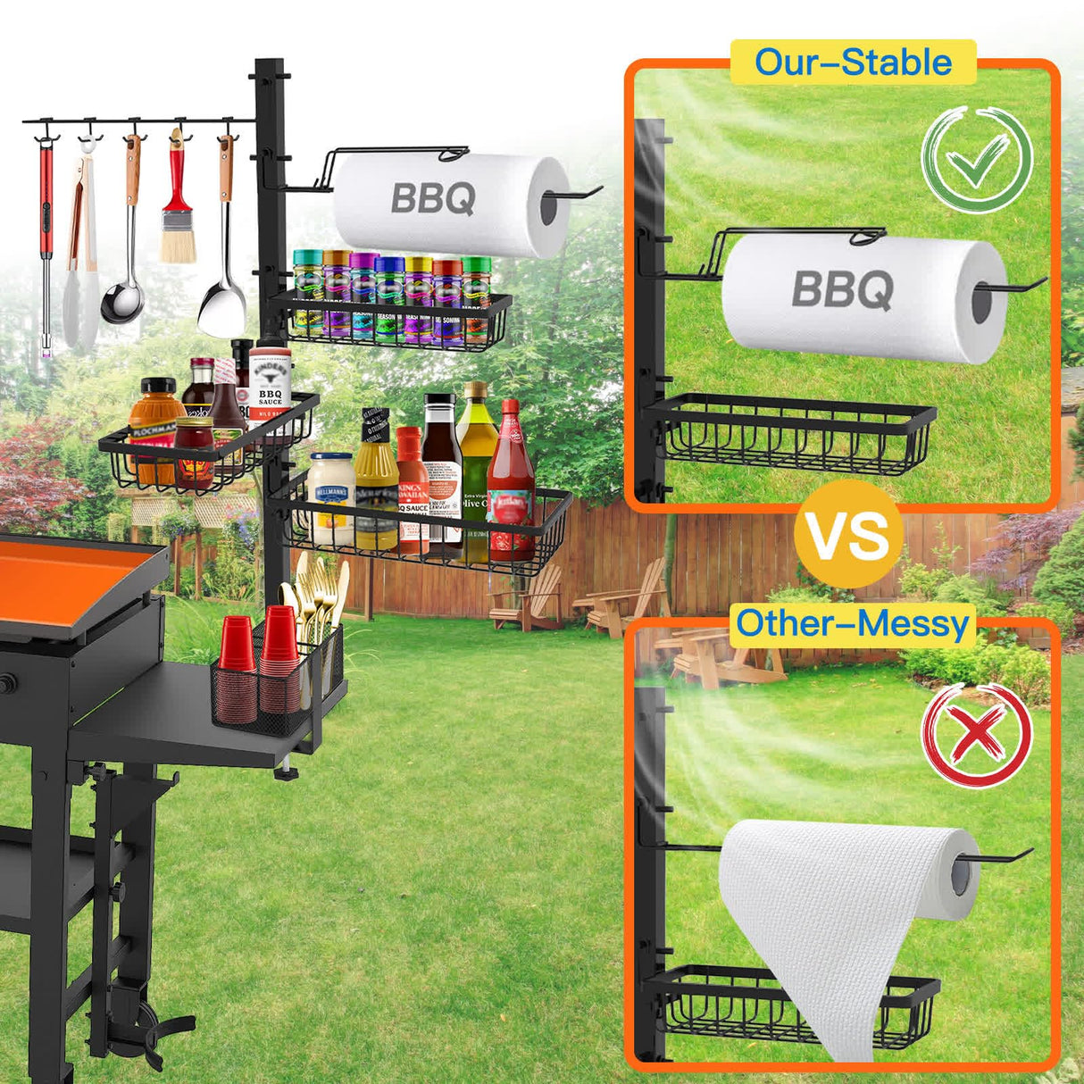 Concons Griddle Caddy for Blackstone Griddle Accessories, BBQ Grill Caddy with Paper Towel Holder, Outdoor Kitchen Accessories for Camper, Grill Accessories Organizer, Condiment Caddy, Gifts for Men Concons