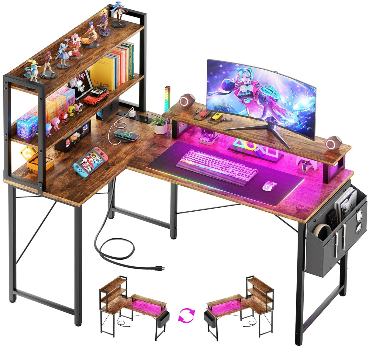 Homieasy 47 Inch Reversible L Shaped Computer Desk with Bookshelf & LED Light in Rustic Brown Homieasy