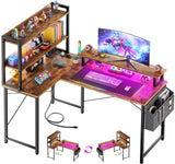 Homieasy 47 Inch Reversible L Shaped Computer Desk with Bookshelf & LED Light in Rustic Brown Homieasy