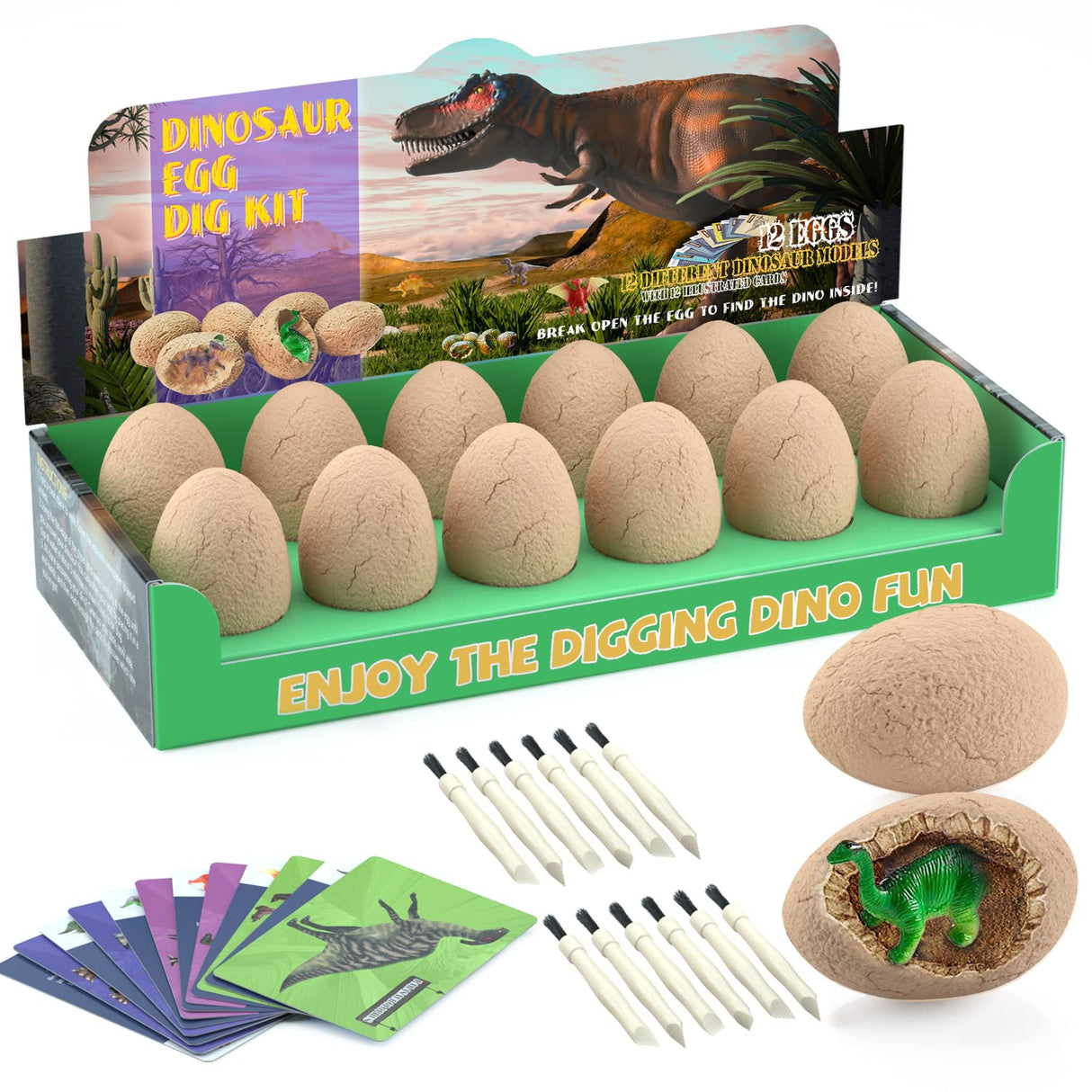 BIGEAR Easter Dinosaur Eggs Excavation Dig Kit - Dinosaur Toys for Kids - Break Open 12 Dinosaur Eggs and Discover 12 Cute Dinosaurs - Archaeology Preschool Science STEM Crafts Birthday Gifts for Boys Bigear