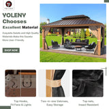 YOLENY 12' x 16' Gazebo, Hardtop Wood-Looking Gazebo with Galvanized Steel Double Roof, Aluminum Frame with Netting and Curtains for Deck, Backyard, Patio, Lawns YOLENY
