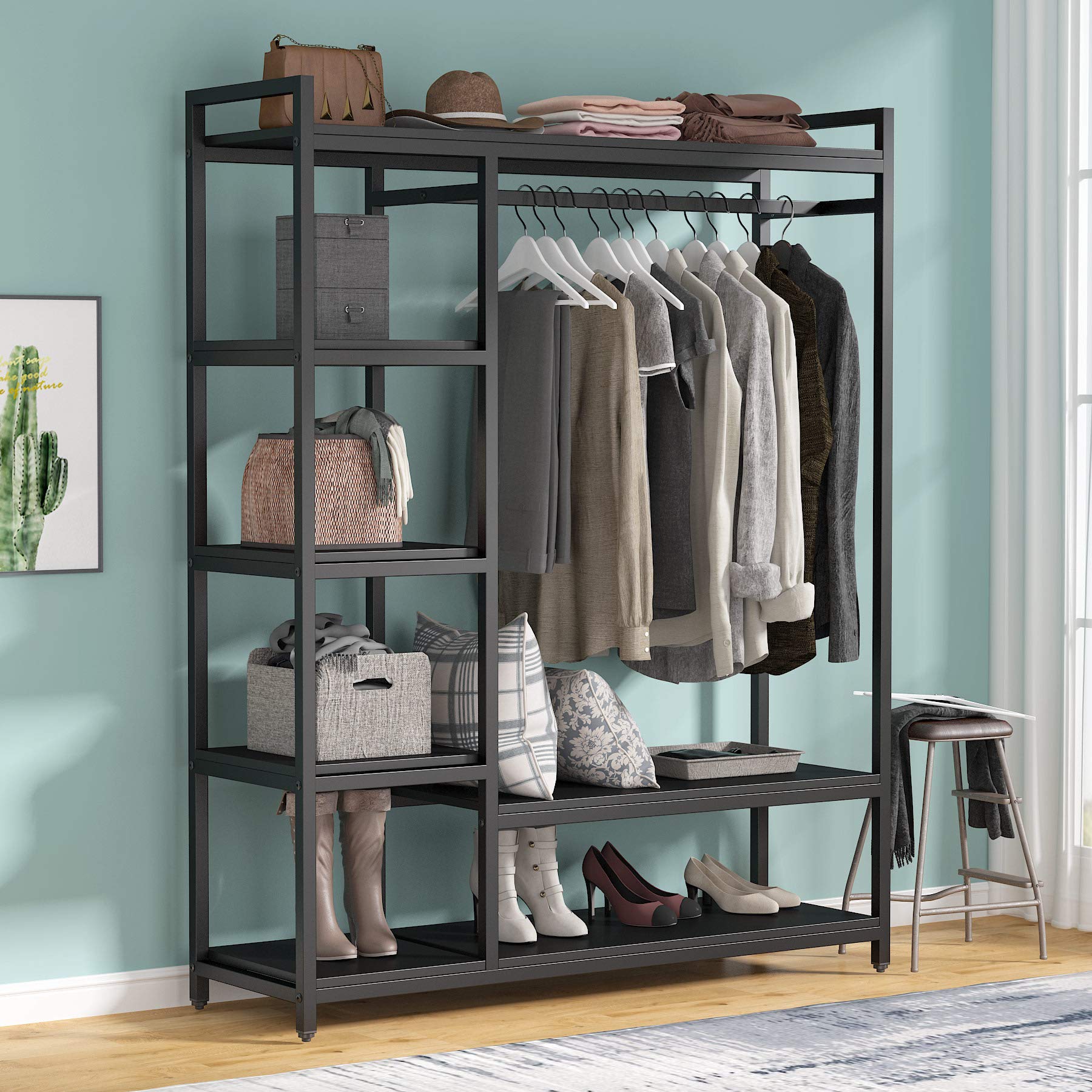 Tribesigns Free-standing Closet Organizer with 6 Storage Shelves and Hanging Bar, Large Standing Clothes Garment Rack（Black） - WoodArtSupply