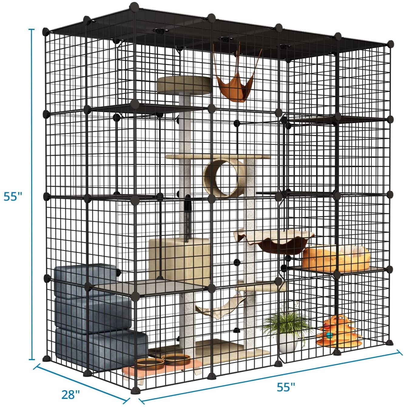 Eiiel Outdoor Cat House, Cages Enclosure with Super Large Enter Door, 55.1L x 27.6W x 55.1H Balcony Cat Playpen with Platforms,DIY Kennels Crate, Exercise Place Ideal for 1-4 Cats, BLACK - WoodArtSupply