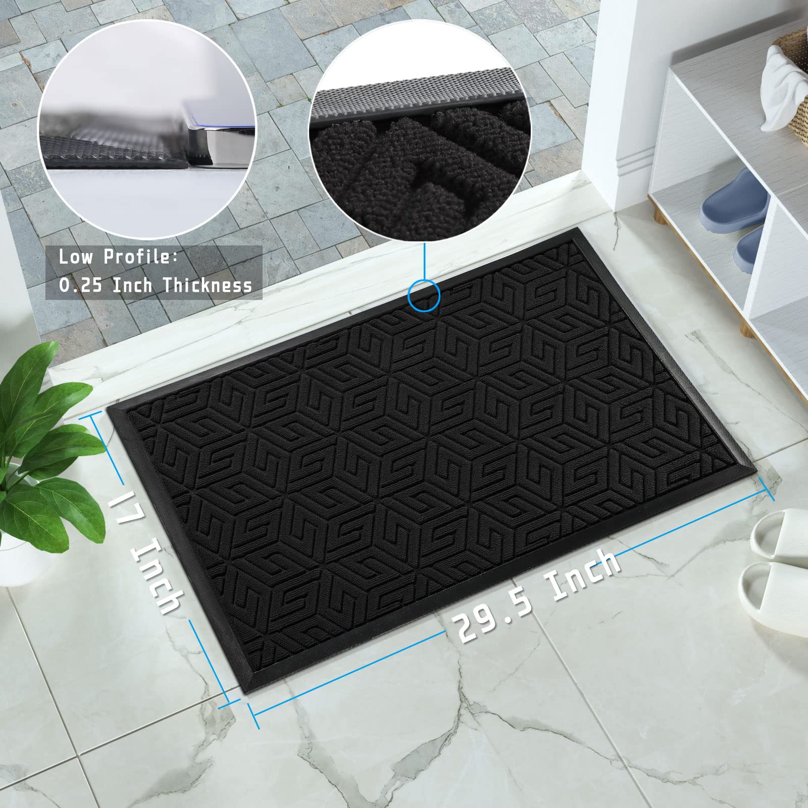 Yimobra Sturdy Front Entrance Door Mat, Heavy Duty Outdoor Indoor Doormat Entryway Floor Mat, Non Slip Rubber Backing, Easy Clean Shoe Scraper, Waterproof, Patio, Lawn, 17x29.5 Inch, Black - WoodArtSupply