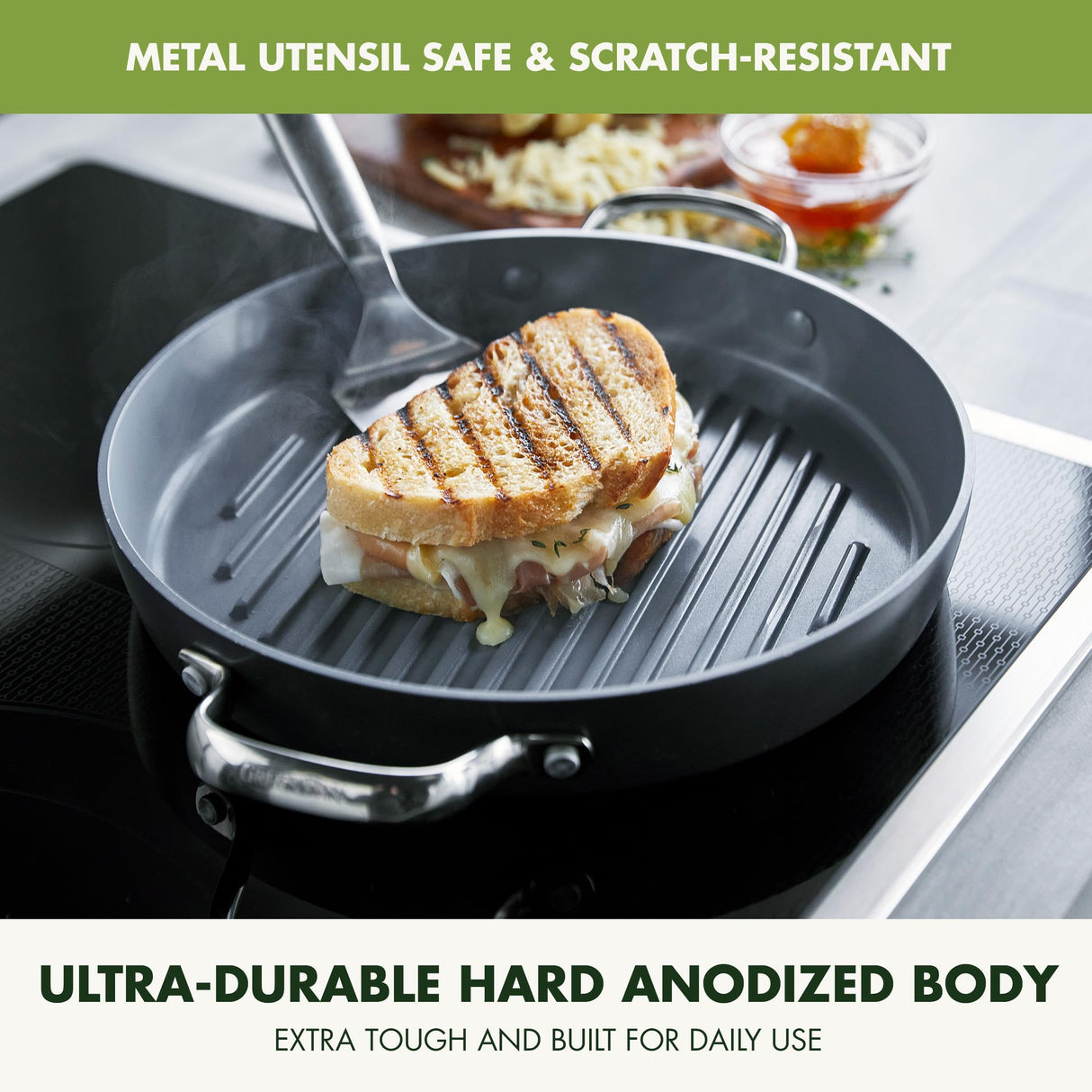 GreenPan Valencia Pro Hard Anodized Healthy Ceramic Nonstick 11" Grill Pan, PFAS-Free, Induction, Dishwasher Safe, Oven Safe, Gray GreenPan
