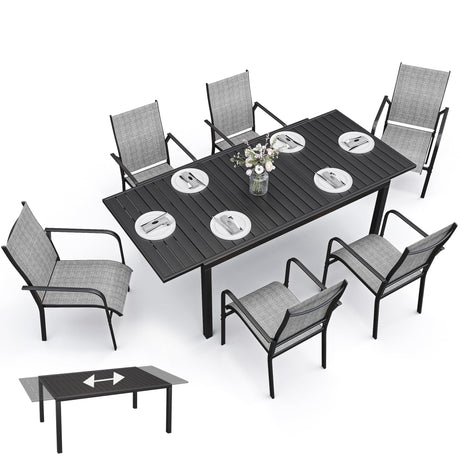 BUPPLEE 38"-84" Extendable Outdoor Dining Table Set for 4-8 Person, Rectangular Outdoor Furniture Adjustable Table & 6Pcs Textilene Chairs for Porch,Backyard, Garden, Poolside and Deck-7 Piece Grey BUPPLEE
