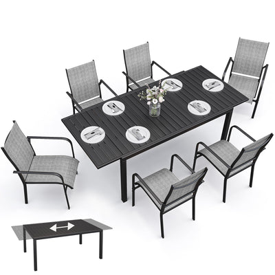BUPPLEE 38"-84" Extendable Outdoor Dining Table Set for 4-8 Person, Rectangular Outdoor Furniture Adjustable Table & 6Pcs Textilene Chairs for Porch,Backyard, Garden, Poolside and Deck-7 Piece Grey