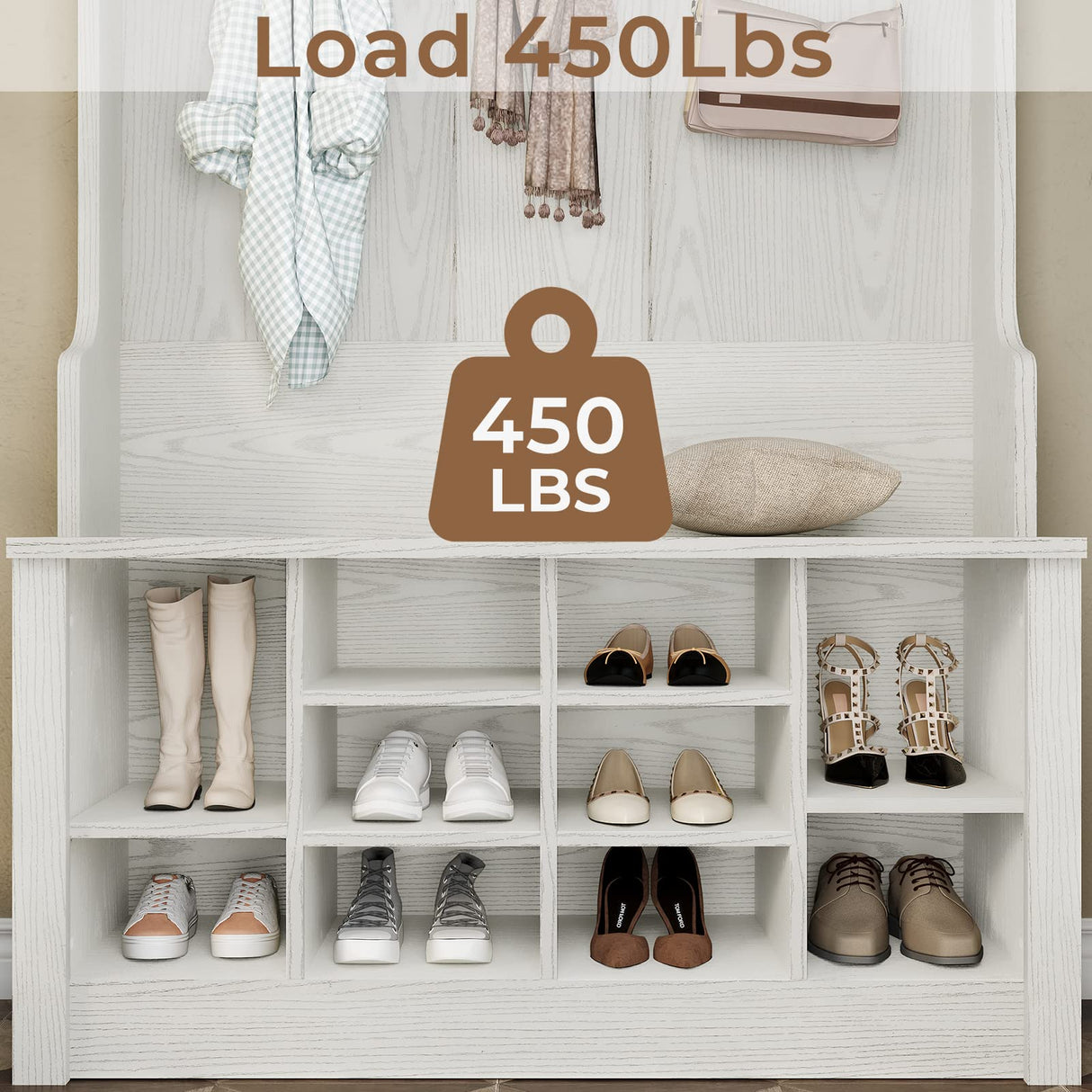 Itaar Hall Tree with Storage Bench, 3-in-1 Entryway Bench with Coat Rack, Adjustable Shoe Storage and Hanging Hooks, Embossed White Itaar