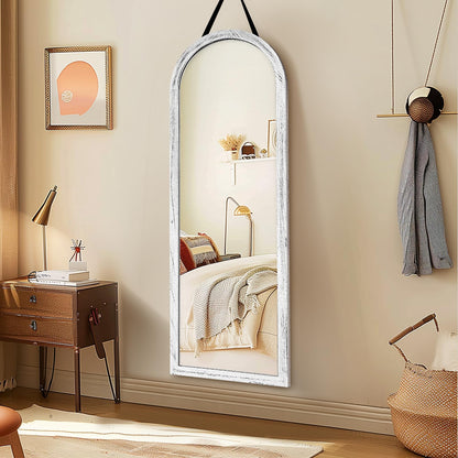 ABSWHLM 16"x48" Arched Full Length Mirror Solid Wood Wall Mirror with Hanging Strap for Living Room Bathroom Bedroom Entryway - White