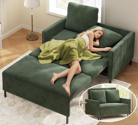 Corduroy Convertible Sofa Bed, 47" Loveseat Sleeper Sofa, Pull out Couch 618lb Capacity, Modern Sleeper Couch Bed 2 Fluffy Pillow Include, Small Couches for Small Spaces/Apartment/Office, Forest Green Domusensus