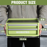 WORKPRO 12.5" Mini Tool Box with 2 Drawers & 1 Open Top Storage, Small Metal Tool Chest with PVC Liners & PP Feet Pads, Cold Rolled Steel Toolbox with Drawer Liners & Magnetic Tabs WORKPRO