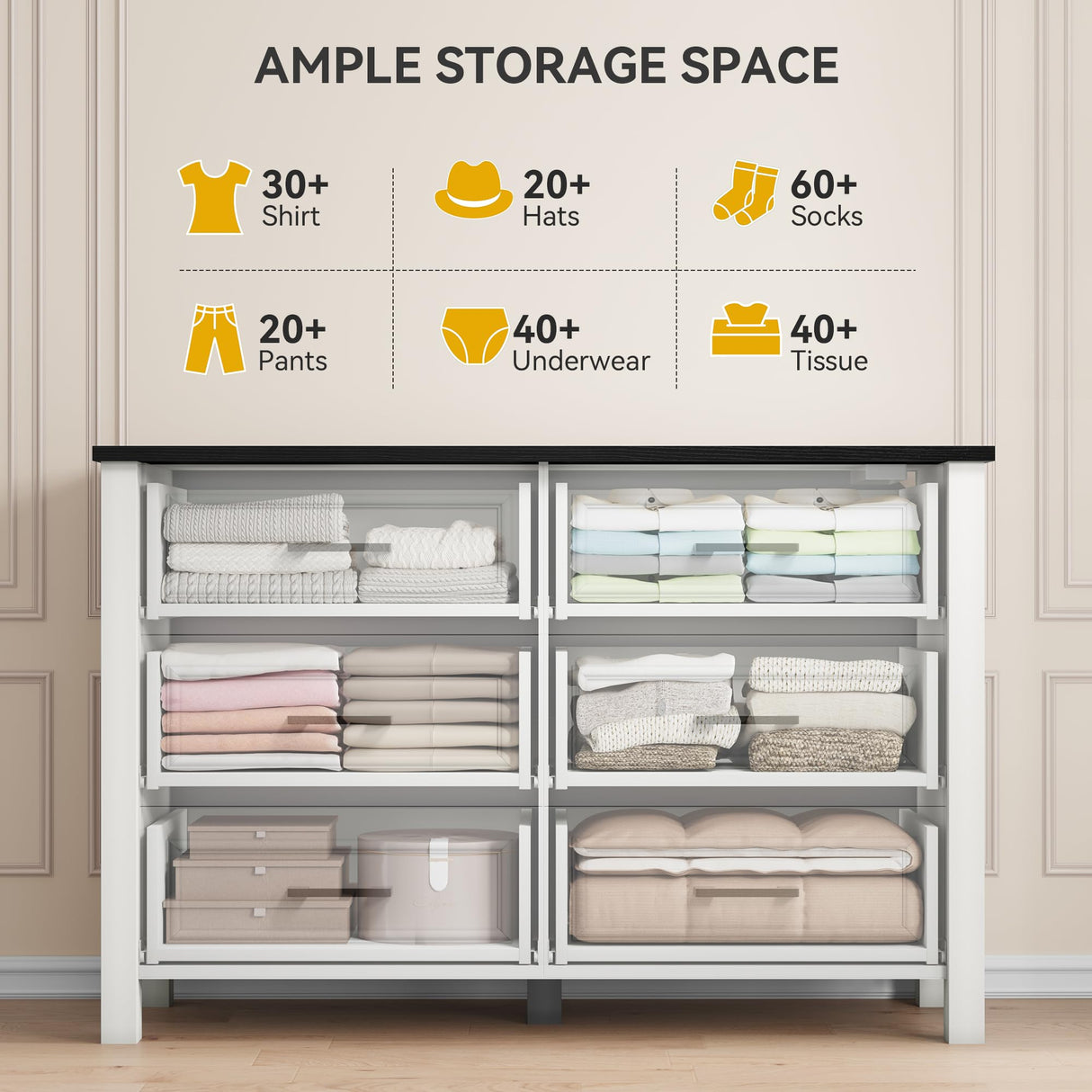 DWVO Farmhouse Wooden Dresser TV Stand with Power Outlet, 6-Drawer Dresser with Large Storage Drawers and Bar Handles, Ideal for Living Room, Hallway, 47.2" L x 15.7" W x 33.4" H - White & Black DWVO