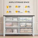 DWVO Farmhouse Wooden Dresser TV Stand with Power Outlet, 6-Drawer Dresser with Large Storage Drawers and Bar Handles, Ideal for Living Room, Hallway, 47.2" L x 15.7" W x 33.4" H - White & Black DWVO