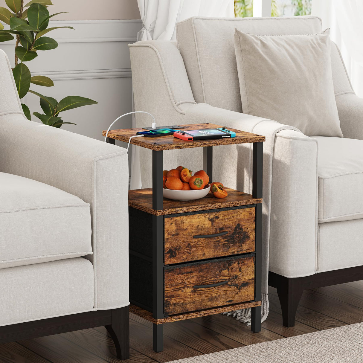 TUTOTAK End Table with Charging Station, Side Table with 2 USB Ports and Outlets, Nightstand with Cloth Drawer, Set of 2, Couch Table, Brown TB01BB067 TUTOTAK