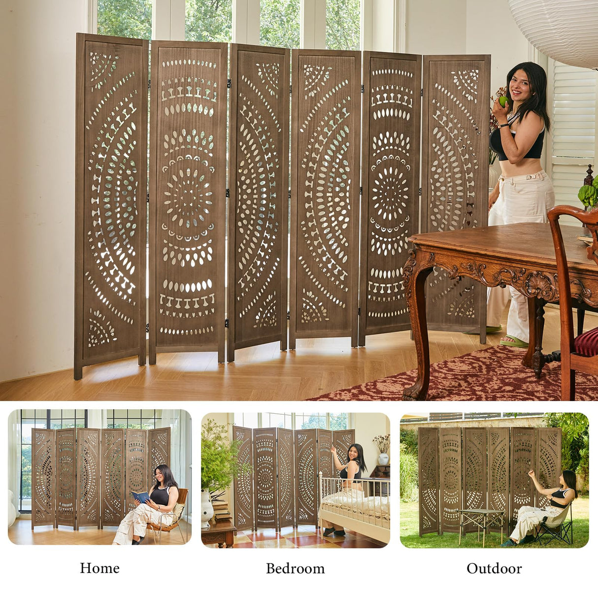 Svimi Room Divider Wood Carved Wall Divider Indoor Folding Bohemian Style Portable Partition Screen for Home Office Garden Terrace - 6 Panels (Brown) Svimi