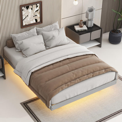 Floating Full-Size Bed Frame with LED Lights in Grey – Modern Low Profile Design with Solid Pine Wood Construction - WoodArtSupply