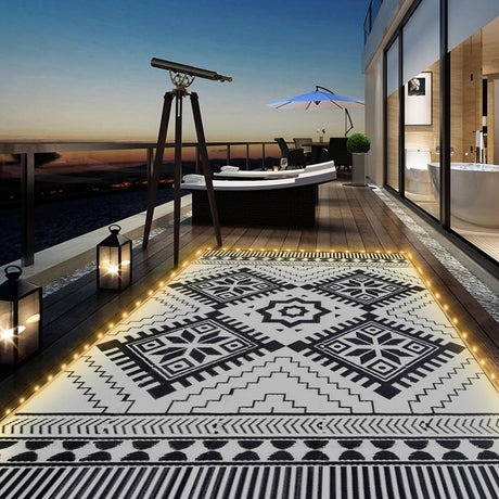 8x10ft Waterproof Outdoor Rug with LED Lights, Boho Reversible Plastic Straw Mat for Patio RV Camping Picnic Balcony Beach Deck Indoor Outdoor Carpet, Black&White DiiKoo