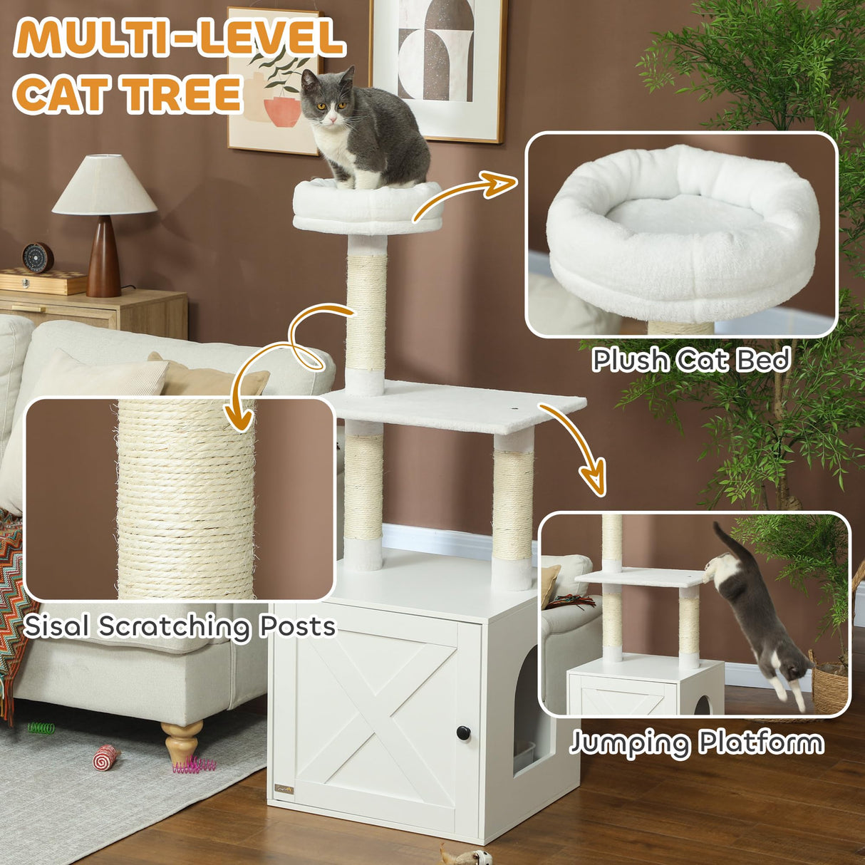 PawHut Cat Tree with Litter Box Enclosure, 2-in-1 Cat Tower for Indoor Kittens with Scratching Posts, Bed, Climbing Platforms, Modern Style Pet Furniture, White PawHut