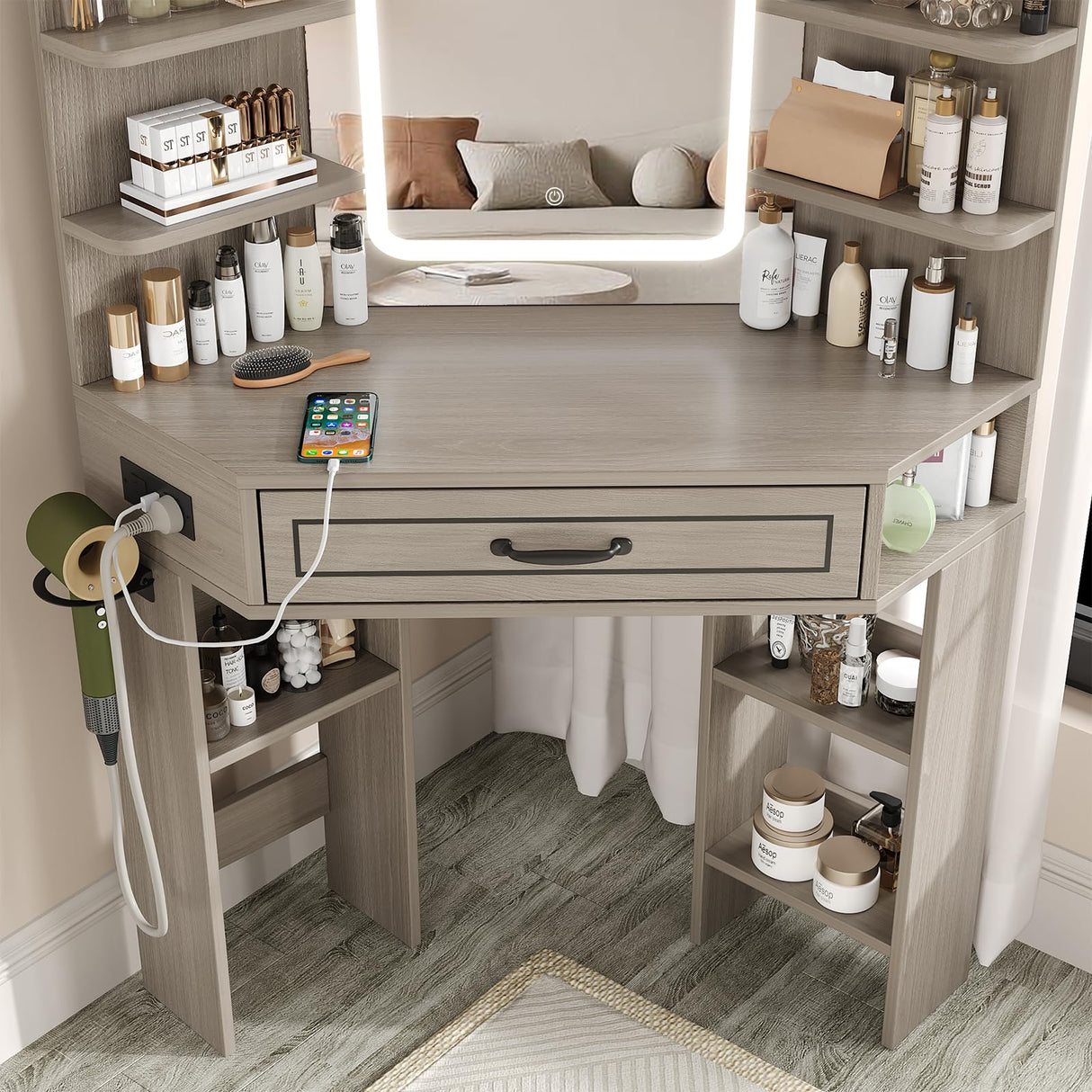 Makeup Vanity Desk, Corner Vanity with Large LED Mirror,Lots Open Shelves,Gray Vanity with Charging Station,Farmhouse Makeup Vanity Table with 3 Lighting Modes, Brightness Adjustable Maupvit