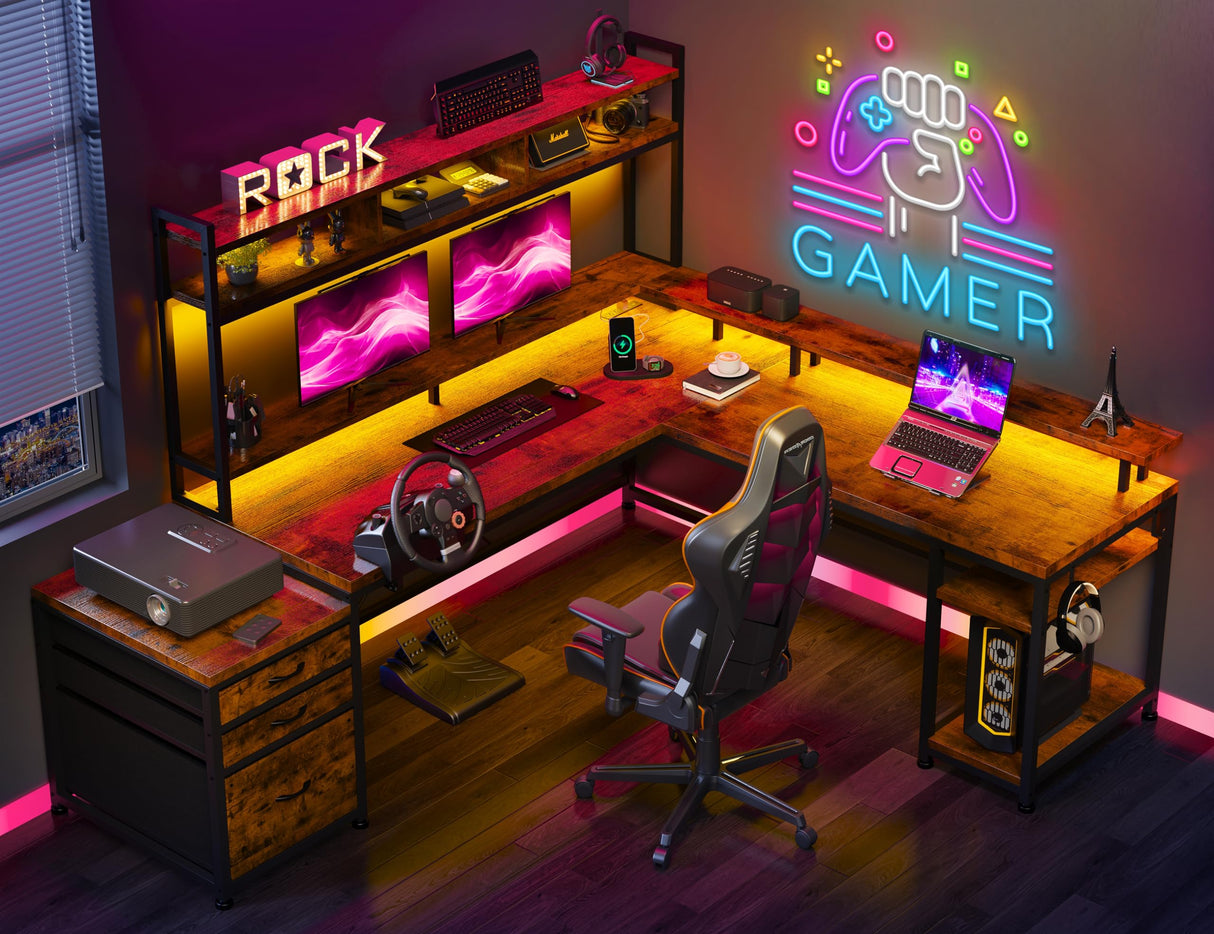 EnHomee 66" L Shaped Desk with Drawers Reversible Large L Shaped Gaming Desk with LED & Storage Shelf Gaming Desk with Monitor Stand Power & Outlet Wide Home Office Desks with File Cabinet Brown EnHomee