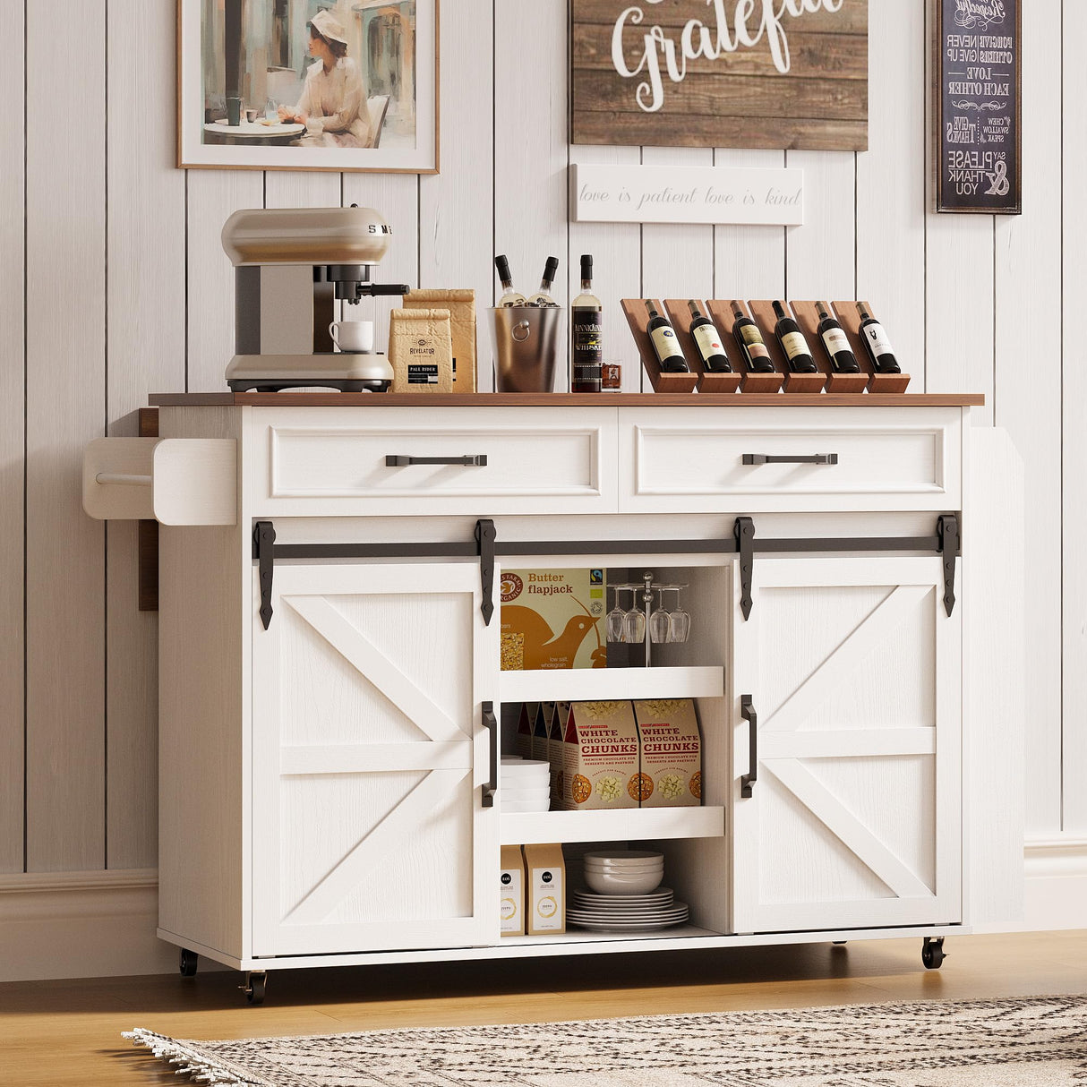 IRONCK Kitchen Island with Storage, Rolling Kitchen Island Cart with Drop Leaf Countertop, Island Table for Kitchen with Pull-Out Shelf, Barn Doors, for Dining Room, Home Bar, White IRONCK