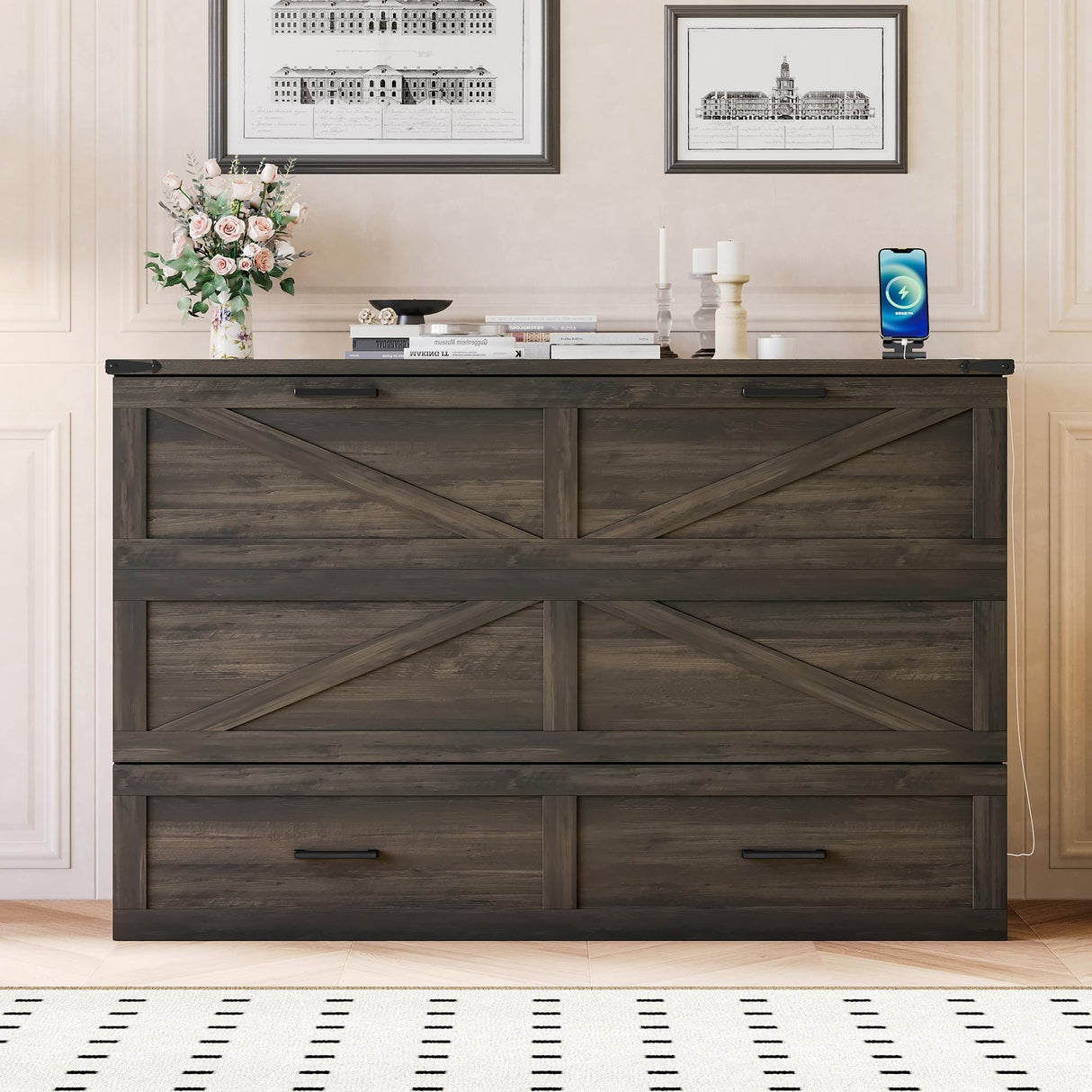 Merax Farmhouse Wood Murphy Bed Chest with Charging Station, Foldable Wall Platform Bed with Storage Drawer/Space Saving/Wood Slat Support/Full, Gray Merax