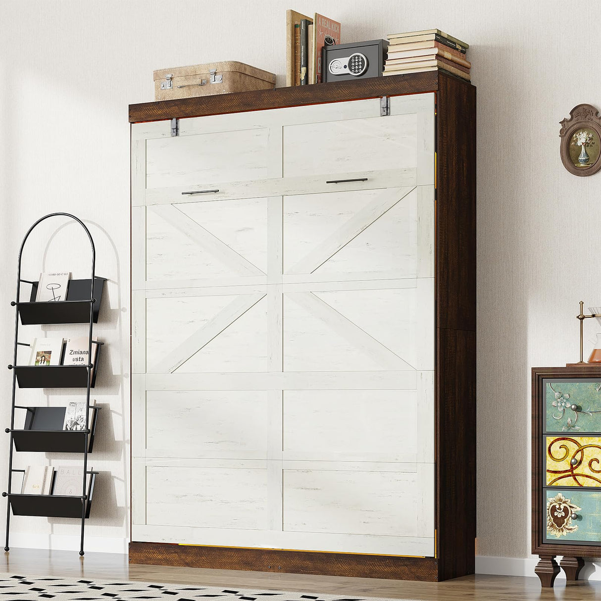 Hlivelood Queen Size Murphy Bed with 2 LED Lights, Farmhouse Wood Hidden Foldable Wall Bed Frame w/Gas Struts, Storage Bed Cabinet for Bedroom, Office, Space-Saving, No Box Spring Needed, Rustic White Hlivelood