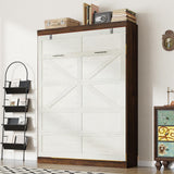 Hlivelood Queen Size Murphy Bed with 2 LED Lights, Farmhouse Wood Hidden Foldable Wall Bed Frame w/Gas Struts, Storage Bed Cabinet for Bedroom, Office, Space-Saving, No Box Spring Needed, Rustic White Hlivelood