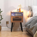 HAIOOU Set of 2 Mid Century Nightstand with Charging Station, Mid Century LED Light Modern End Table with Drawer, Glass Door, Open Shelf, Small Side Table Pine Wood Legs for Home Bedroom Living Room HAIOOU