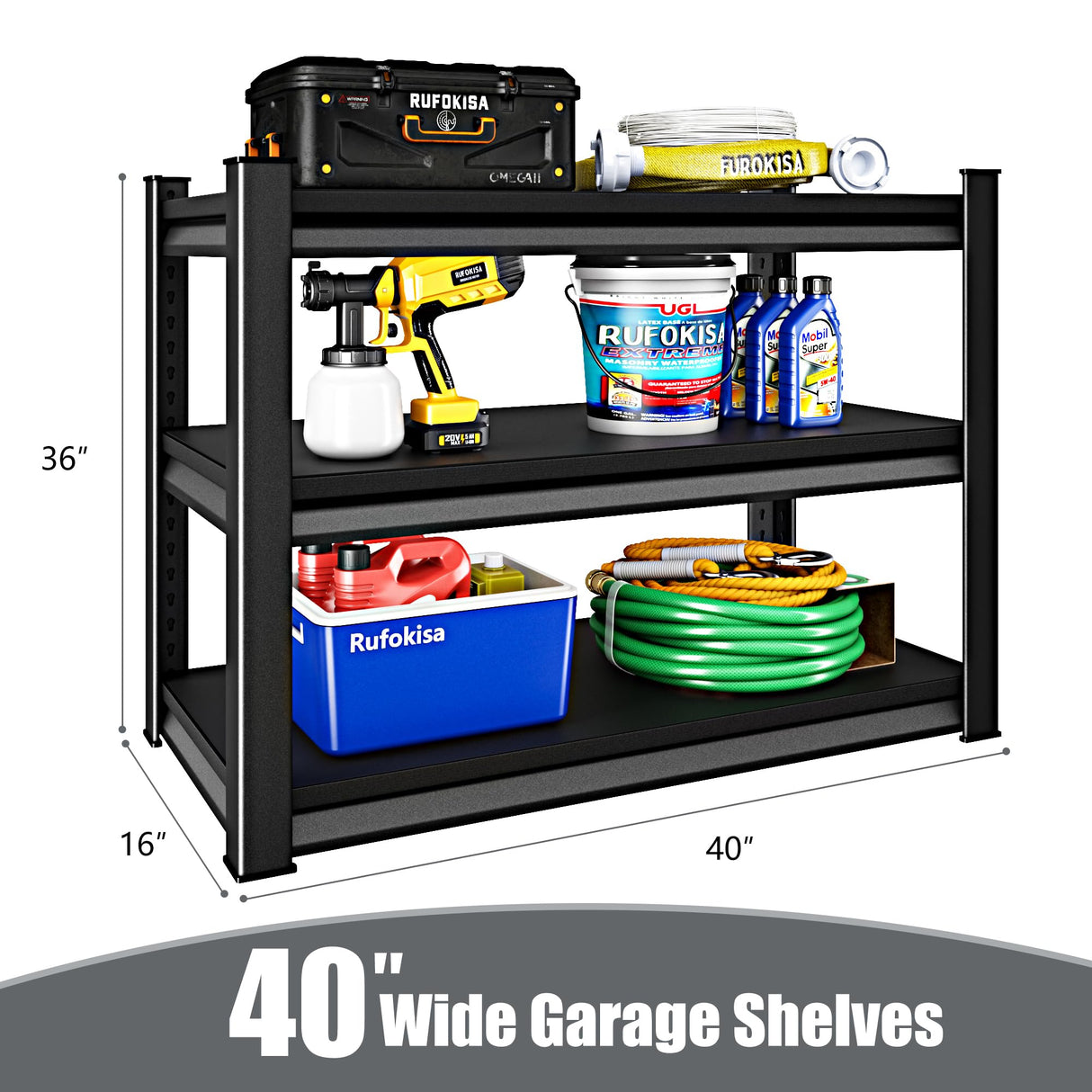 Rufokisa 40" W 3-Tier Garage Shelving Heavy Duty, 1500LBS Loads Garage Storage Shelves, Metal Shelving Units and Storage Racks, Industrial Utility Shelf Heavy Duty,40" Wx16 Dx36 H, Black Rufokisa
