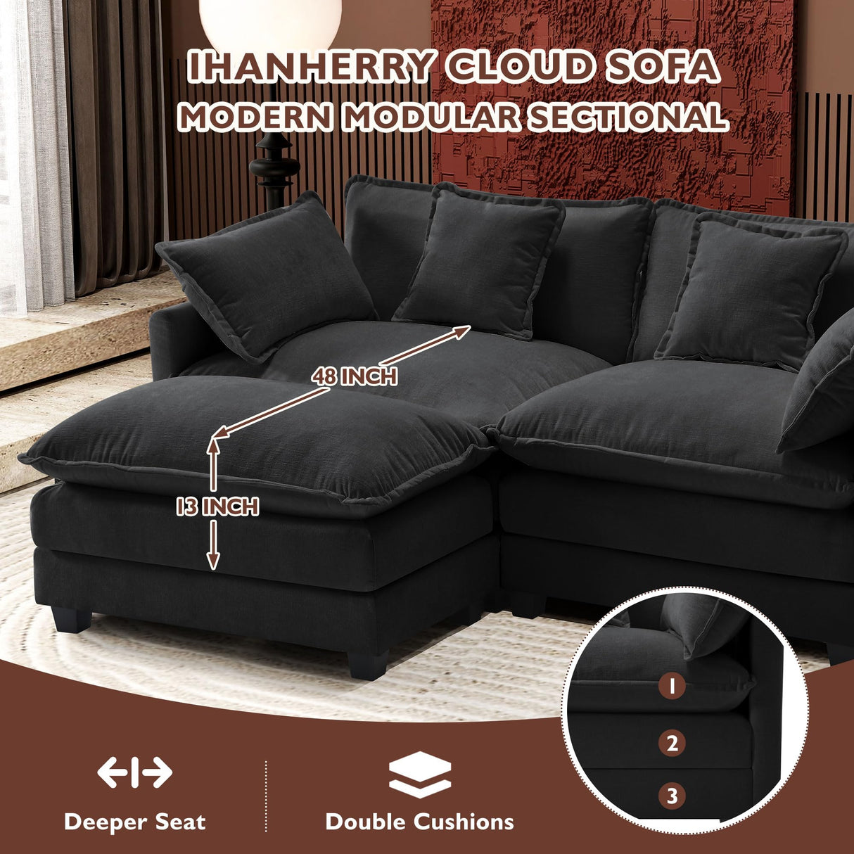 Ihanherry U-Shaped Modern Sofa 111.4" Modular Sectional Cloud Couch with 2 Ottoman, 5-Seat Chenille Deep Seat Sofa with 5 Pillows for Living Room, Black Ihanherry