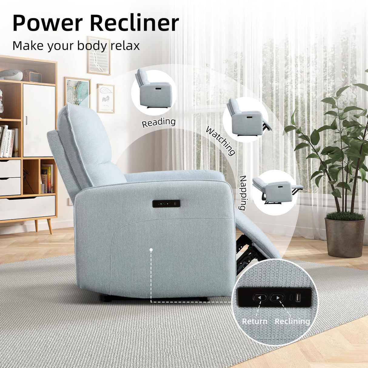 IOMOR Power Recliner Chair for Adults, Electric Recliner with USB Tape-C Ports, Zero Wall Single Reclining for Small Space, Living Room (1, Blue) IOMOR