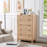 GIAJORYA Fluted Tall Dresser for Bedroom, 5 Drawer Dressers with Faux Marble Top, Wooden Chest of Drawers, Modern Storage Cabinet Organizer, Natural Oak GIAJORYA