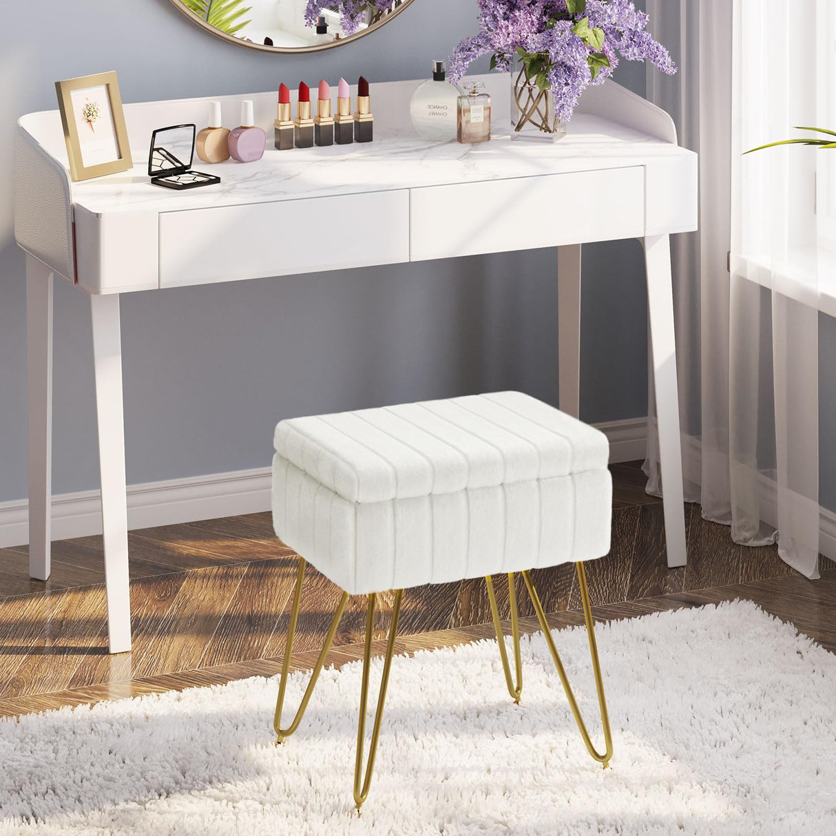 Greenstell Vanity Stool Chair Faux Fur with Storage, 15.7"L x 11.8"W x 19.4"H Soft Ottoman 4 Metal Legs with Anti-Slip Feet, Furry Padded Seat, Modern Multifunctional Chairs for Makeup, Bedroom White GREENSTELL