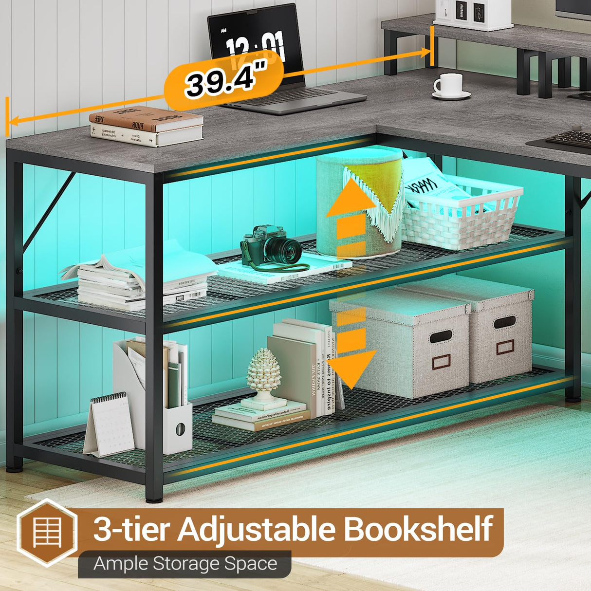 SEDETA 67" L Shaped Desk with Drawers, Computer Office Desk with Storage Shelves & Power Outlet, Reversible Gaming Desk with LED Lights for Home Office, Grey SEDETA