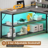 SEDETA 67" L Shaped Desk with Drawers, Computer Office Desk with Storage Shelves & Power Outlet, Reversible Gaming Desk with LED Lights for Home Office, Grey SEDETA