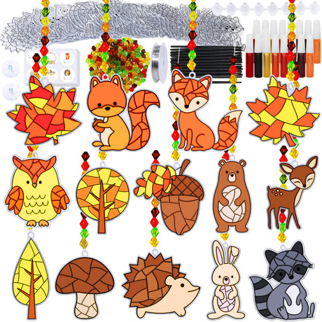 Winlyn 28 Sets Woodland Creatures Suncatchers Ornaments Decorations DIY Window Paint Art Suncatchers Fall Craft Kits Autumn Forest Animals Sun Catchers for Kids Holiday Classroom Activity Art Project Winlyn