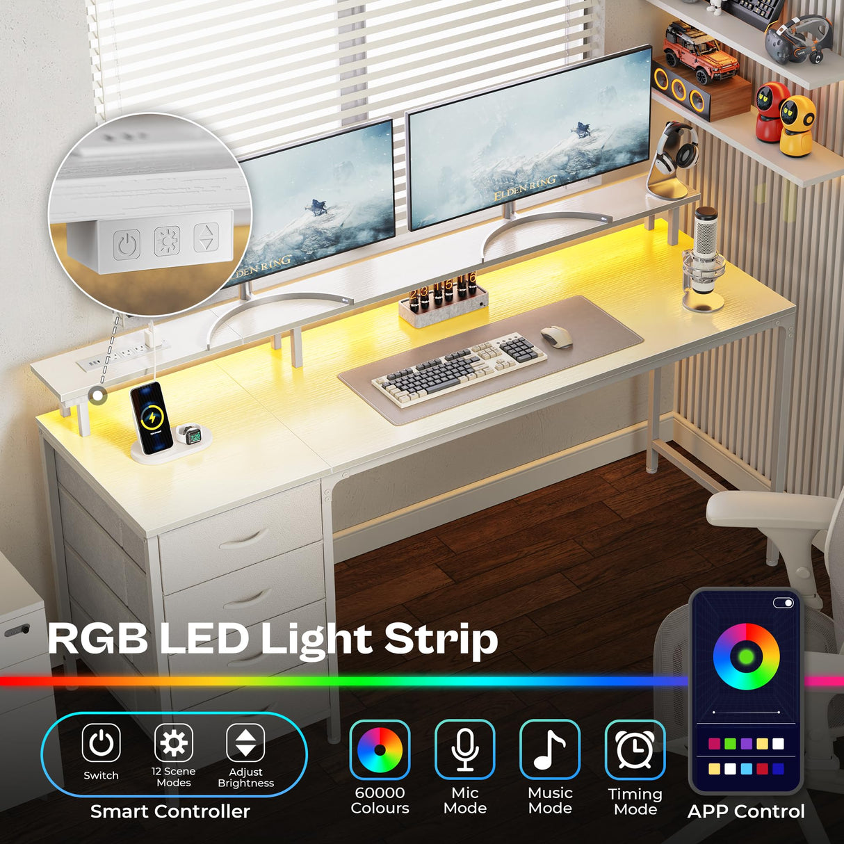 Huuger 63 Inch Computer Desk with Power Outlets and LED Lights, Gaming Desk with 4 Drawers, Office Desk with Monitor Stand, Study Desk Work Desk for Home Office, White Huuger