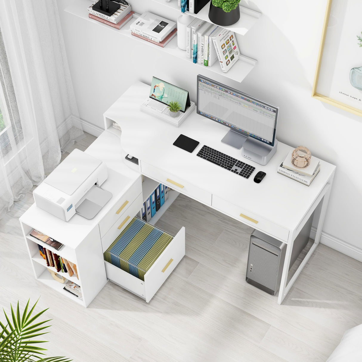 L Shaped Desk with 5 Drawers Modern Executive Desk Wood Home Office Desk with Adjustable Shelves, 55 Inch Large Computer Desk Writing Table with File Storage Cabinet for Home Office Halitaa