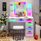 HNEBC RGB Vanity Desk with Mirror and Lights, LED Vanity Makeup Desk with USB/Wireless Charger Station, Vanities Dressing Table Sets with 6 Drawers/Cabins/Stool/Shelves for Bedroom&Cloakroom(White) HNEBC