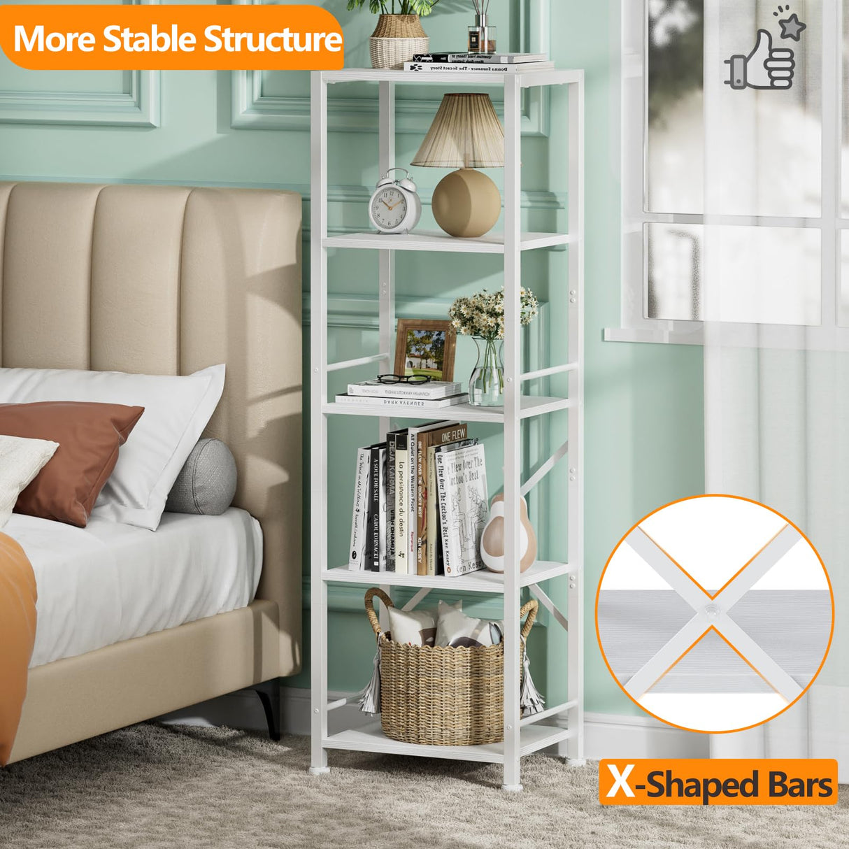 Furologee White Bookshelf 5 Tier Bookcase, Tall Narrow Bookshelves, Modern Freestanding Shelf Units, Metal and Wood Display Storage Corner Shelves Organizer for Bedroom, Living Room, Office, Bathroom Furologee