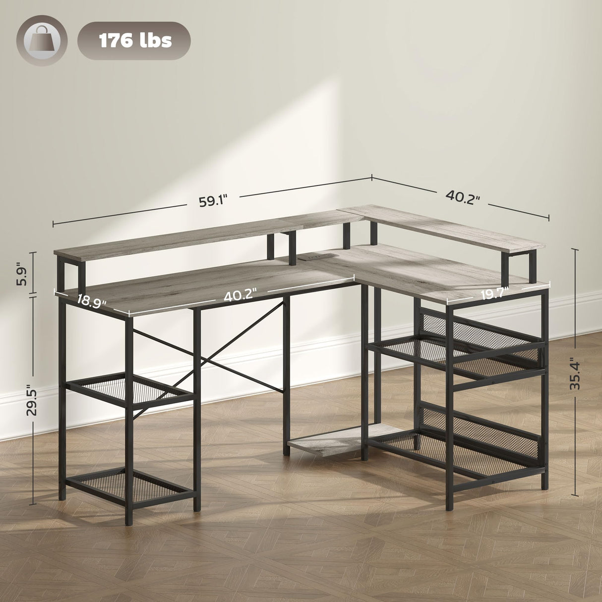 HOMCOM L Shaped Desk with LED Lights and Power Outlets, 59" Gaming Desk with Monitor Stand and Storage Shelves, Corner Computer Desk for Home Office, Small Space, Distressed Gray HOMCOM