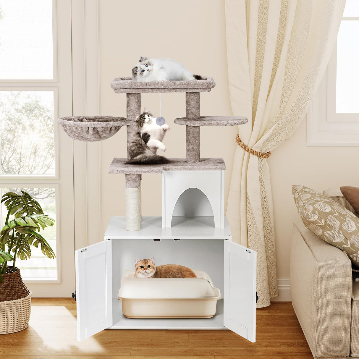 Snughome Cat Litter Box Enclosure with Cat Tree Tower and Condo, Hidden Cat Washroom Furniture with Sisal Scratching Post and Soft Plush Perch, Wooden Cat Furniture with Multiple Platforms, White Snughome