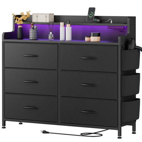 Lulive Black Dresser for Bedroom 6 Drawers - Fabric Dressers for Bedroom with LED Light & Charging Station - Kids Adults Chest of Drawers for Living Room Hallway Closet Nursery (Black) Lulive