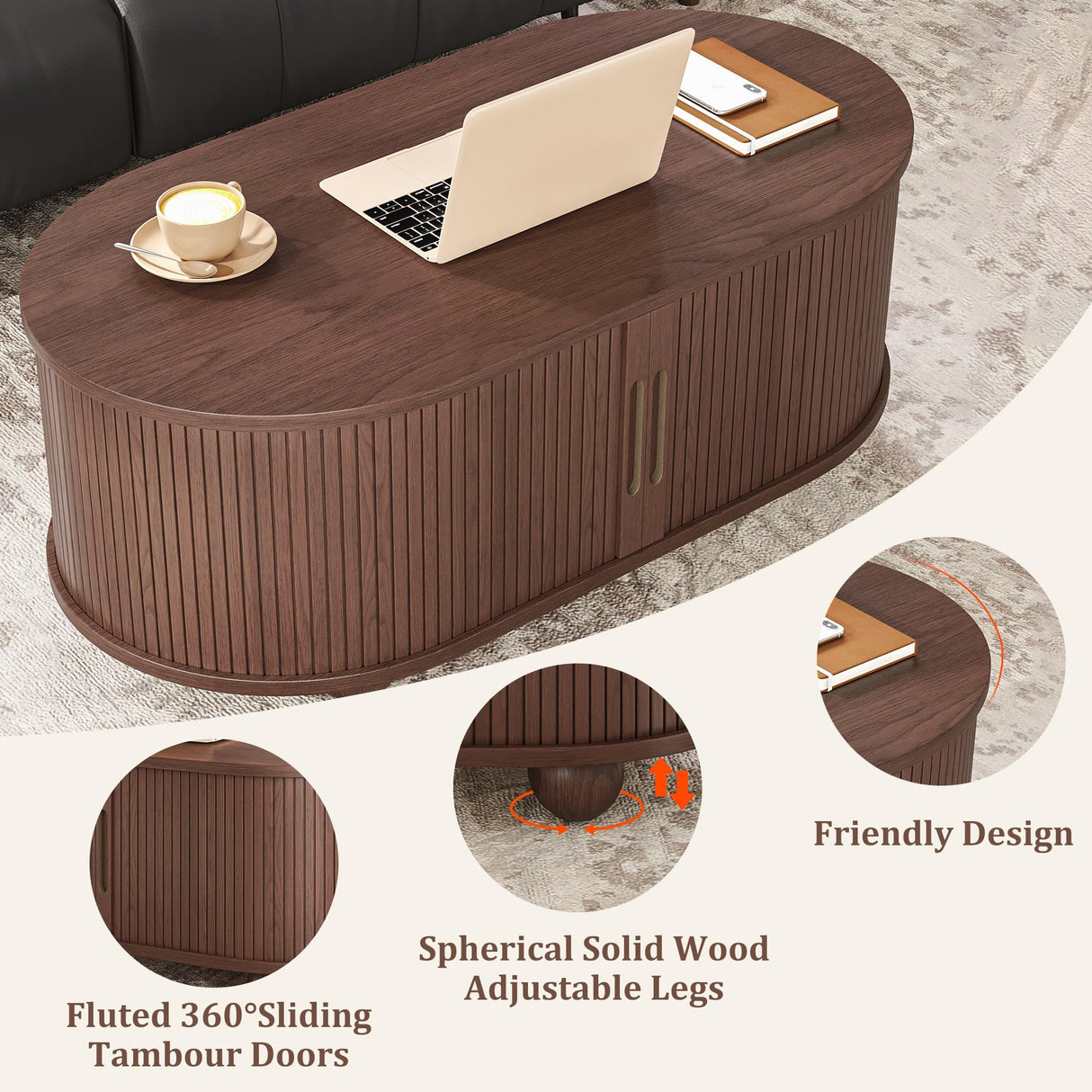 Alohappy Oval Coffee Table, Mid Century Modern Coffee Table with Sliding Tambour Doors, Fluted Center Table with Hidden Storage for Living Room, Dining Room, Apartment, Home Office, Dark Brown Alohappy