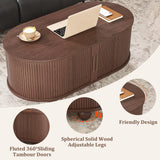 Alohappy Oval Coffee Table, Mid Century Modern Coffee Table with Sliding Tambour Doors, Fluted Center Table with Hidden Storage for Living Room, Dining Room, Apartment, Home Office, Dark Brown Alohappy