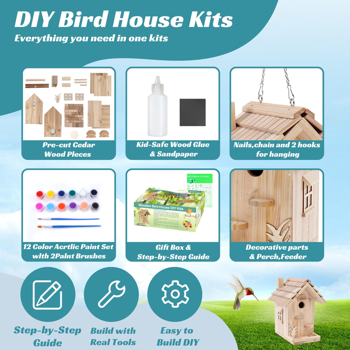 Wooden Birdhouse Kit for Adults to Build, DIY Bird House Craft Kits to Paint, Adult Woodworking Building Kits Birdhouse for Outside, Garden, Yard (Wood, 8.5in) Rioychan