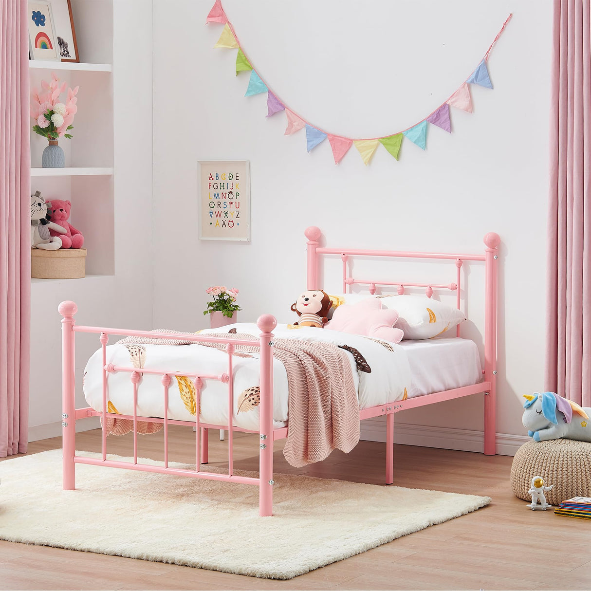 VECELO Twin Size Metal Platform Bed Frame with Headboard and Footboard, Heavy Duty Slat Support/No Box Spring Needed Mattress Foundation/Underbed Storage Space, Victorian Style VECELO